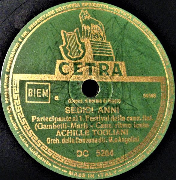 Etichetta del disco a 78 giri Sedici anni / Sotto il mandorlo, Achille Togliani – Duo Fasano