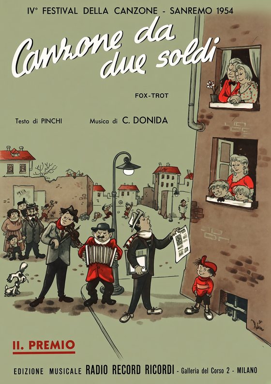 Copertina illustrata dello spartito di Canzone da due soldi, Sanremo 1954